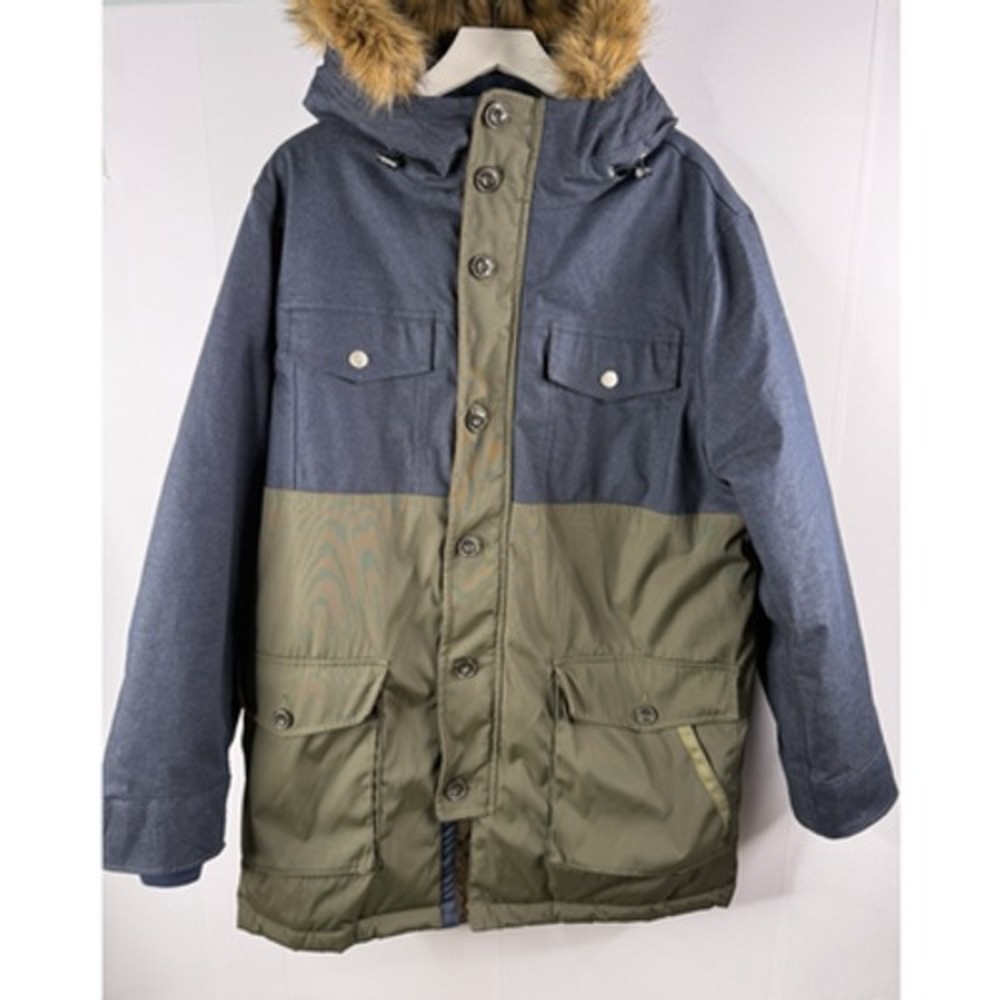 GAP Parka Jacket Mens L Blue Green Faux Fur Hood Elbow Patch Gorpcore Rugged